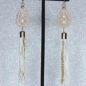 Cream, Rhinestone and Gold Tassel  Dangle Earrings